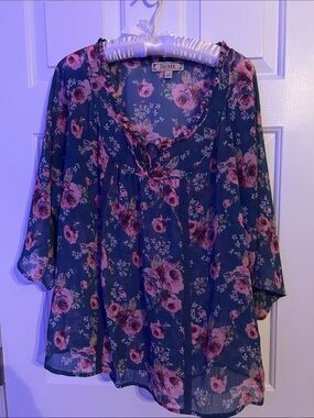 Decree Floral Navy Tie-Front Tunic with Pink Roses